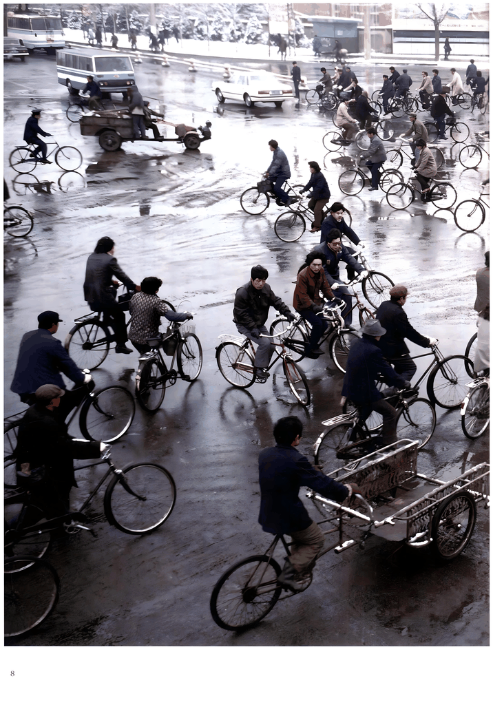 湿滑路面上的车流与人流