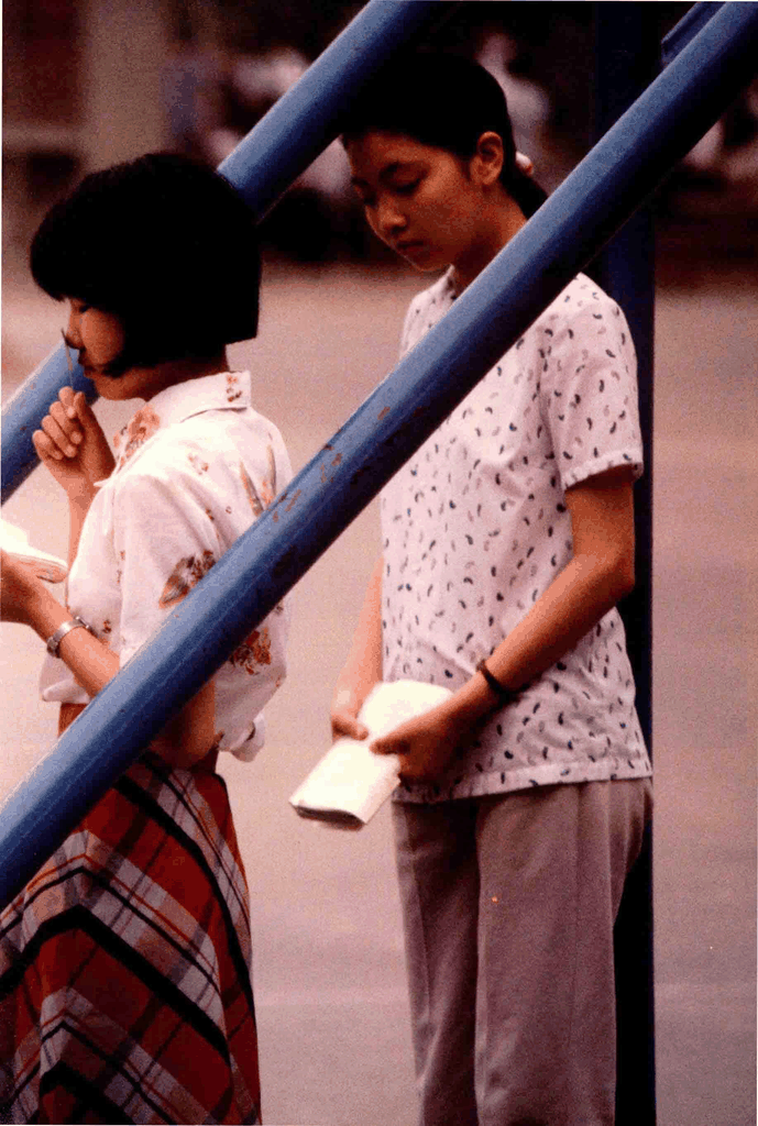 两位女学生在蓝色栏杆旁驻足，一位身着格裙手持书本，一位穿着碎花衬衫低眉沉思